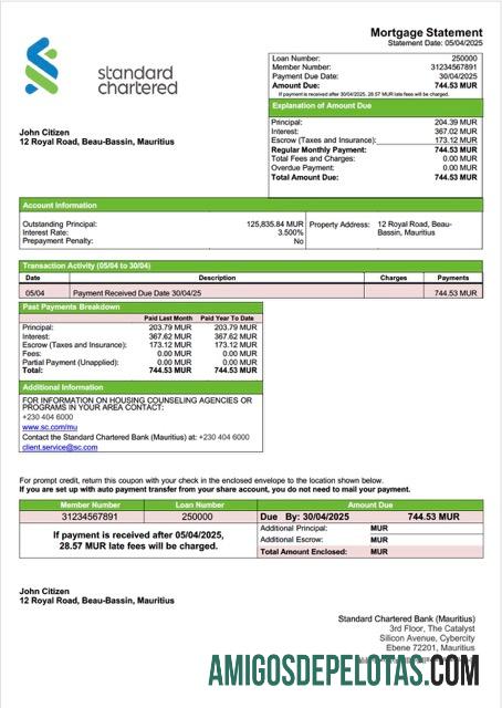 realista Mauritius Standard Chartered Bank (Maurício) Declaração de hipoteca Word e modelo PDF
